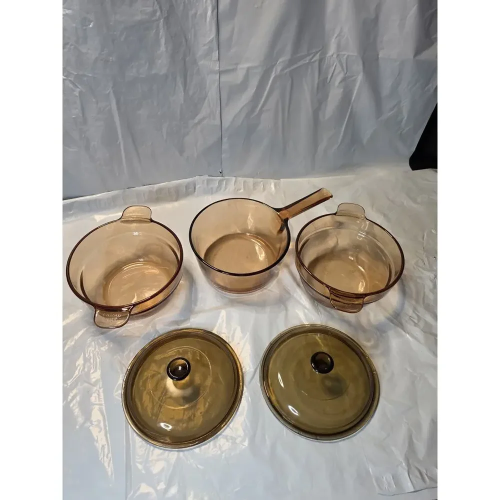 Corning Vision Ware Amber V-20-B Double Boiler x2 w 1.5 L Pot Lid V 1.5 C Pyrex